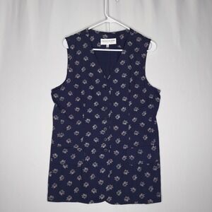 Cross Country Vtg 90s Button Vest Women 10 Navy Floral V-Neck Pocket Cottagecore